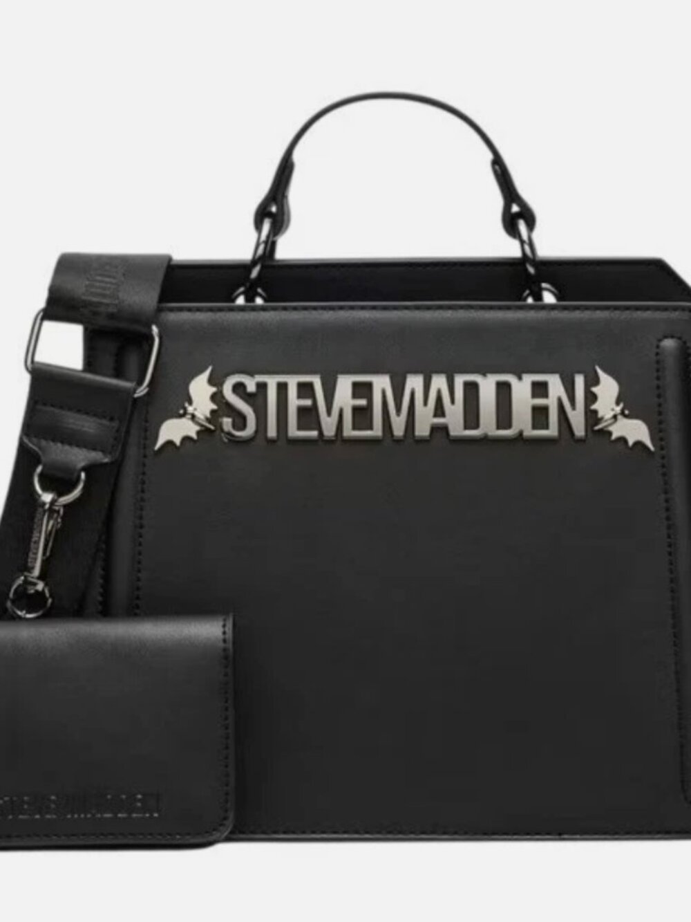 NWT STEVE MADDEN BEVELYN BATS SATCHEL CROSSBODY BAG W CREDIT CARD CASE  BLACK